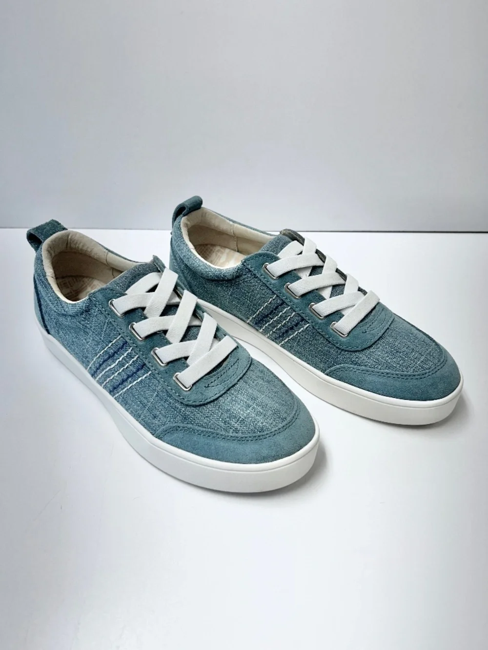 Revitalign Women’s 7.5B Orthotic Slip-On Sneakers Blue Denim Leather Trim NWOB
